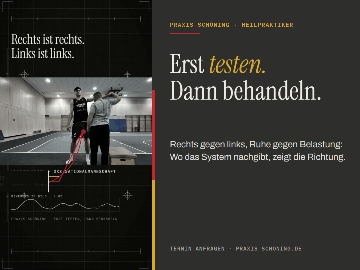 Bevor ich behandle, wird getestet.
In der Praxis Schöning beginnt jede Behandlung mit einer genauen Untersuchung: rechts gegen links, Ruhe gegen Belastung. Erst provozieren, dann testen. Wo das System nachgibt, zeigt die Richtung. So arbeite ich auch mit Sportlern bis in die Nationalmannschaft, und so arbeite ich mit Ihnen.
Erst verstehen, wo es hakt. Dann behandeln. Dann nachtesten.
Termin anfragen: praxis-schöning.de